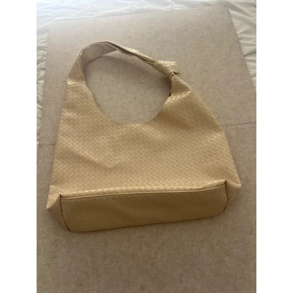 Ulta Woven Hobo Bag Cream Beige Knotted Strap Intrecciato Style Shoulder Bag